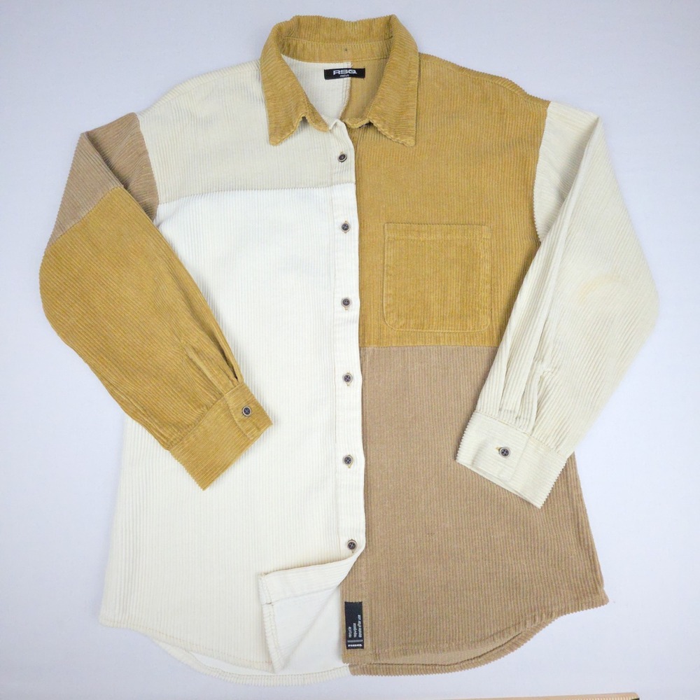 RSQ Colorblock Corduroy Button Up Shirt Women Medium Tan Patchwork 100% Cotton